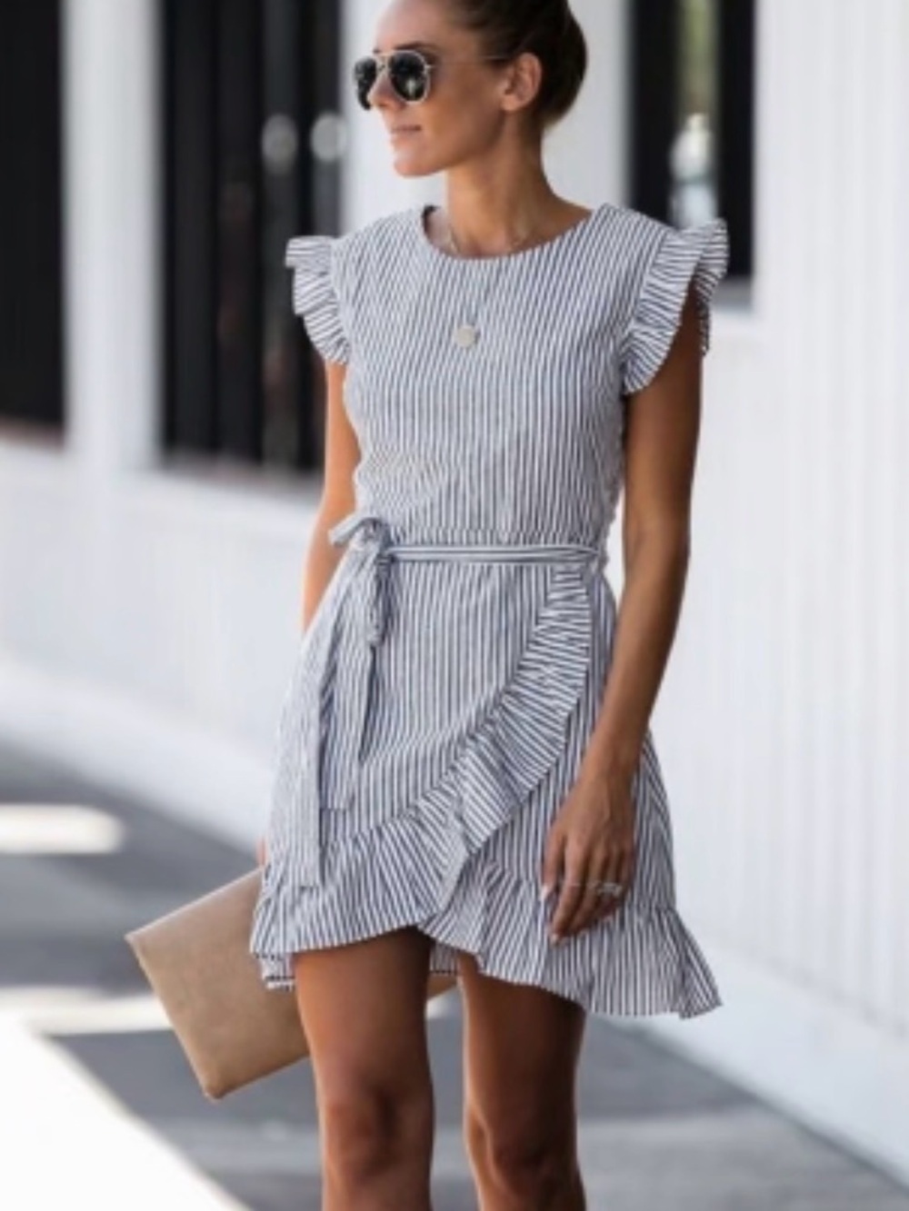 Everly Black and White Vertical Stripe ruffles short sleeves dress M. NWT